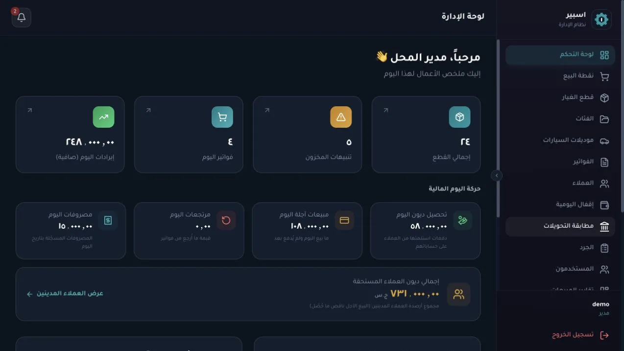 لوحة صاحب المحل والإيرادات والديون