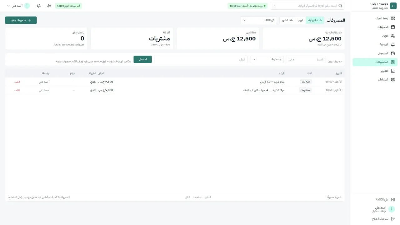 نظام إدارة فندق سكاي تاورز: المصروفات وتصنيفها